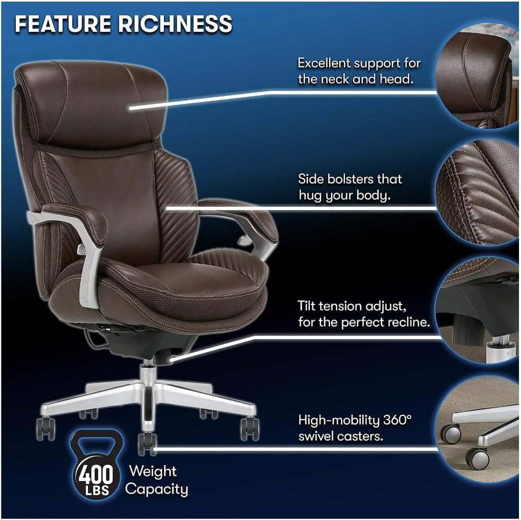 iComfort i6000 Series Big & Tall Ergonomic Bonded Leather High-Back Executive Chair, Brown/Silver