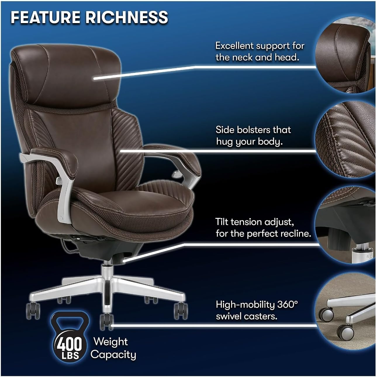 iComfort i6000 Series Big & Tall Ergonomic Bonded Leather High-Back Executive Chair, Brown/Silver