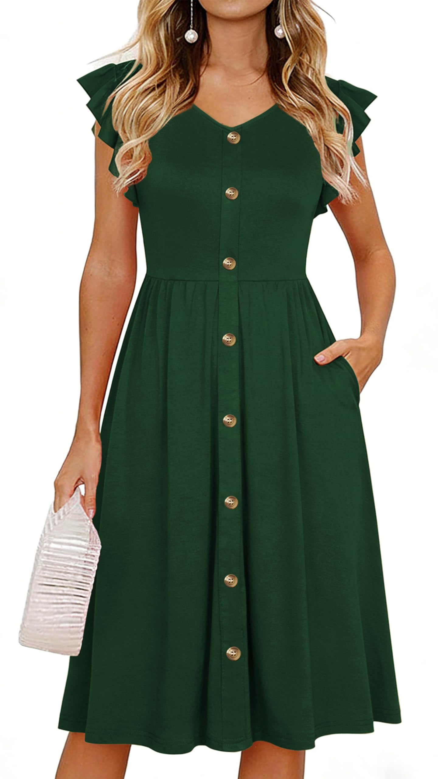 Lamilus Women's Casual Summer Dresses 2026 Ruffle Sleeves V-Neck Button Down Midi Swing Party Dress with Pockets