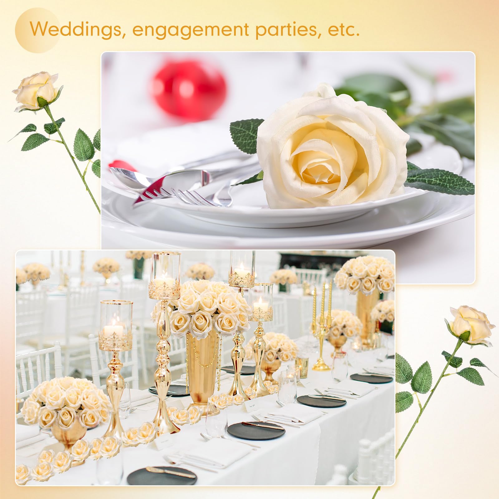 Jexine 100 Pieces Artificial Roses Flowers Bulk, Long Stem Realistic Fake Silk Roses Bouquet for Table Centerpiece Vases Wedding Party Kitchen Decor(Beige)