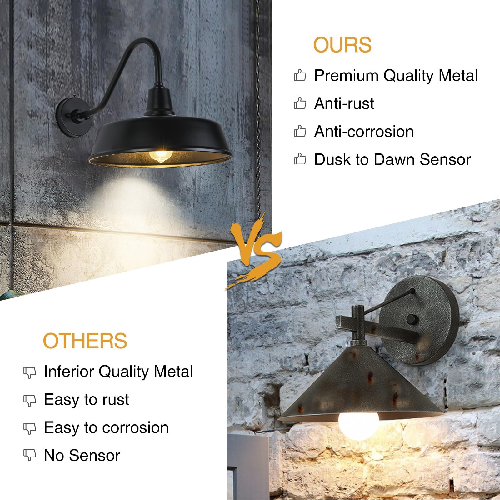 Barn Lights Outdoor Gooseneck Lighting, Dusk to Dawn Black Exterior Barn Lights for House, Farmhouse Wall Lighting Fixtures with Sensor for Porch Garage (1, 11" Diameter)