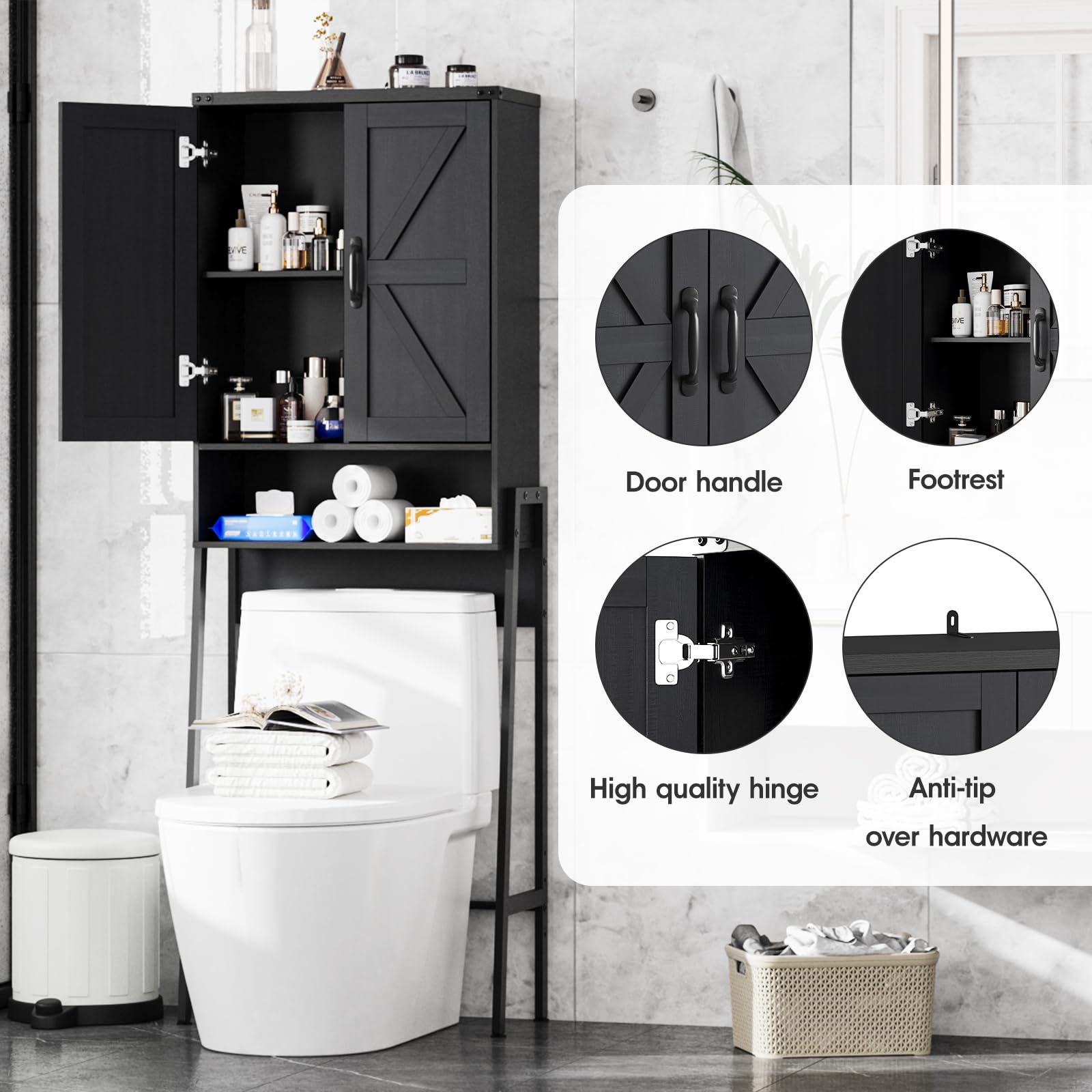 Vabches Over The Toilet Storage Cabinet with 2-Door Design Bathroom Organizers and Storage with Anti-Tip Device Over Toilet Organizer with Shelves for Bathroom,Restroom,Laundry Black