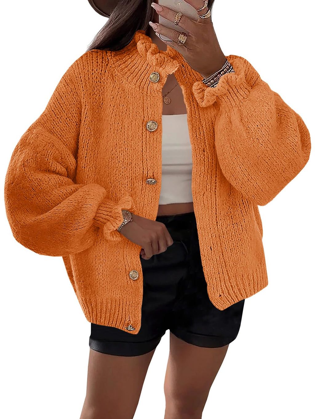 Saodimallsu Womens Ruffle Cardigan Oversized Button Up Fall Trendy Ribbed Knit Open Front Long Sleeve Loose Cute Sweater