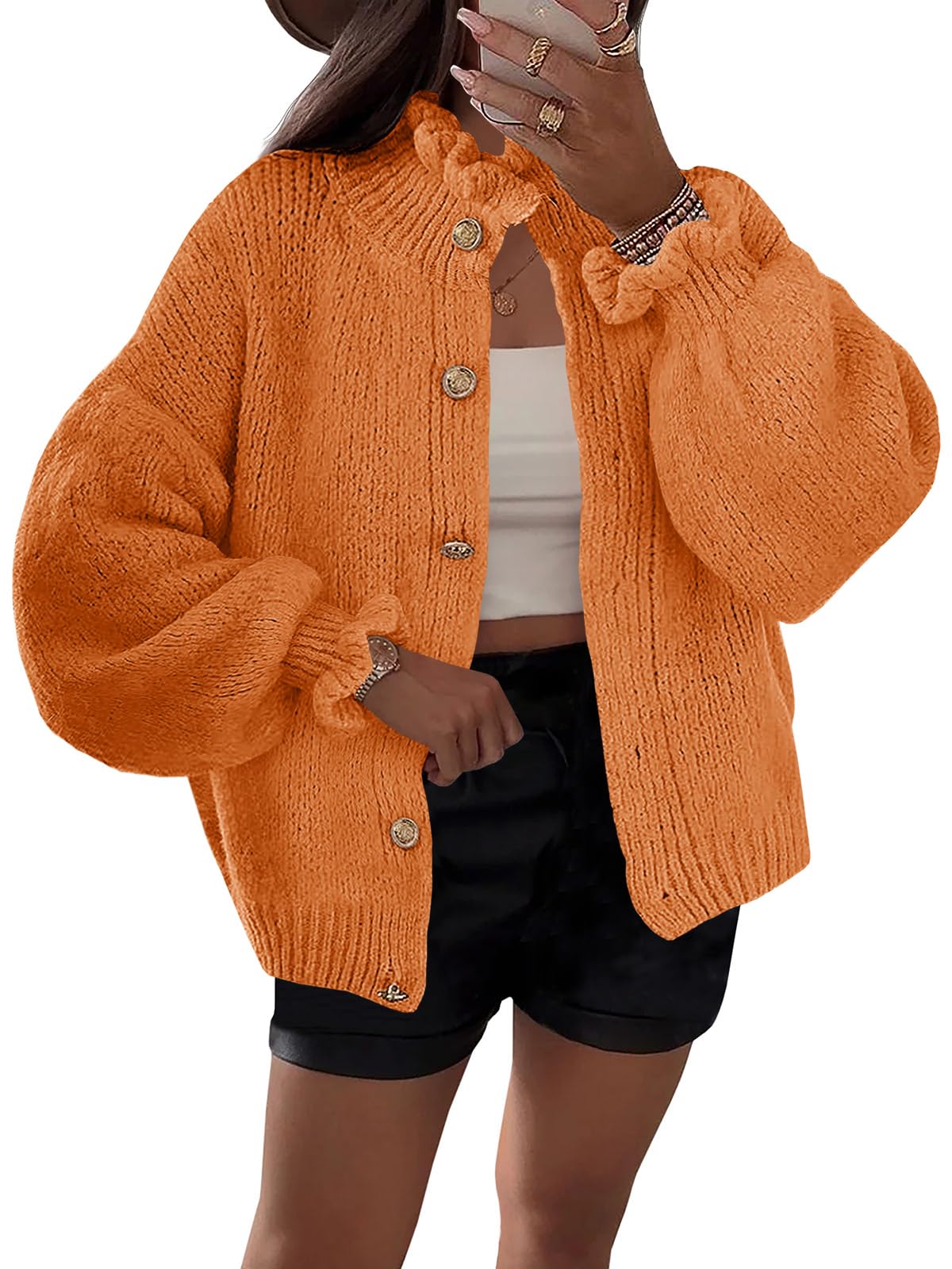 Saodimallsu Womens Ruffle Cardigan Oversized Button Up Fall Trendy Ribbed Knit Open Front Long Sleeve Loose Cute Sweater
