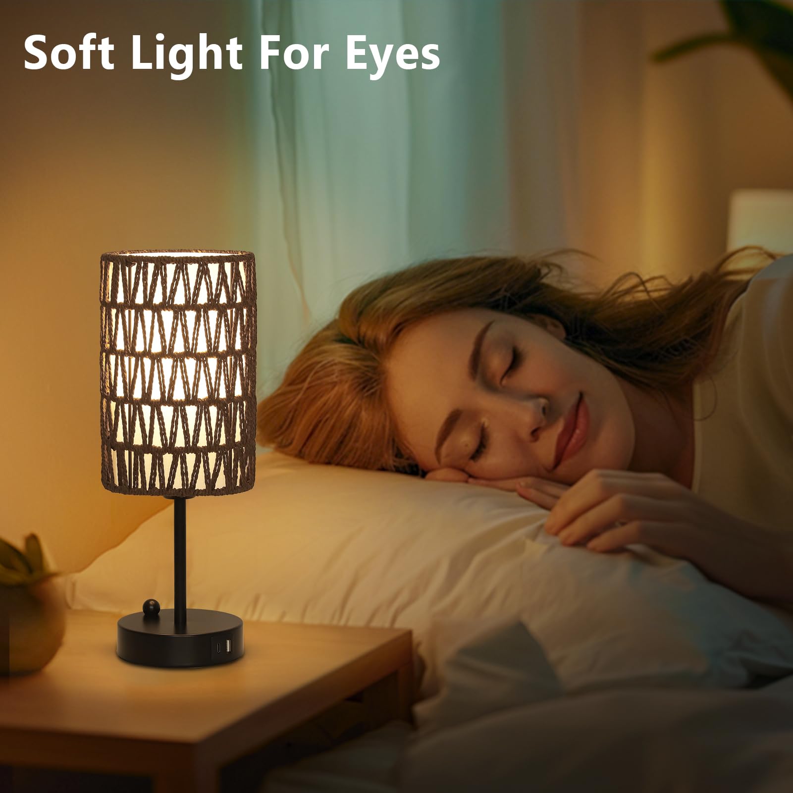 Rattan Bedside Table Lamps Set of 2 - Boho Lamps With 3 Color Temperatures & USB AC Port, Pull Chain Table Lamp For Bedroom, Cute Small Lamp For Nightstand Office Desk Bed Side End Table Living Room