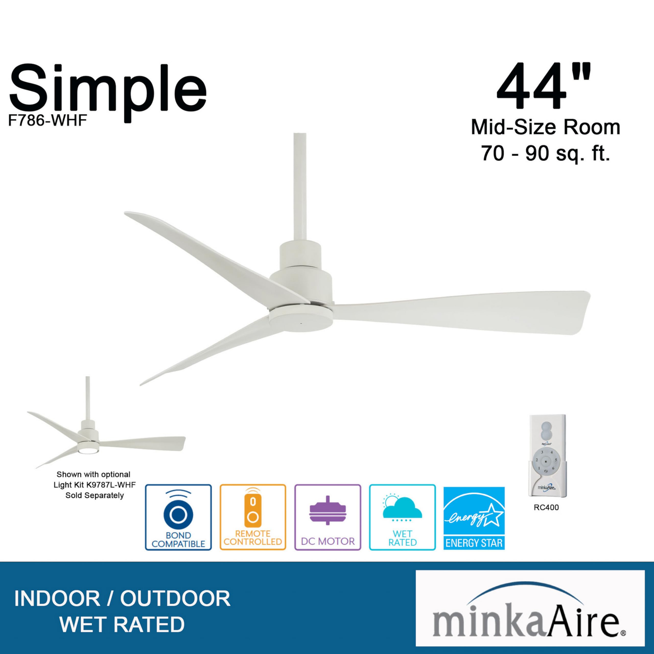 MINKA-AIRE F786-CL Simple 44 Inch Outdoor 3 Blade Ceiling Fan with DC Motor, Coal