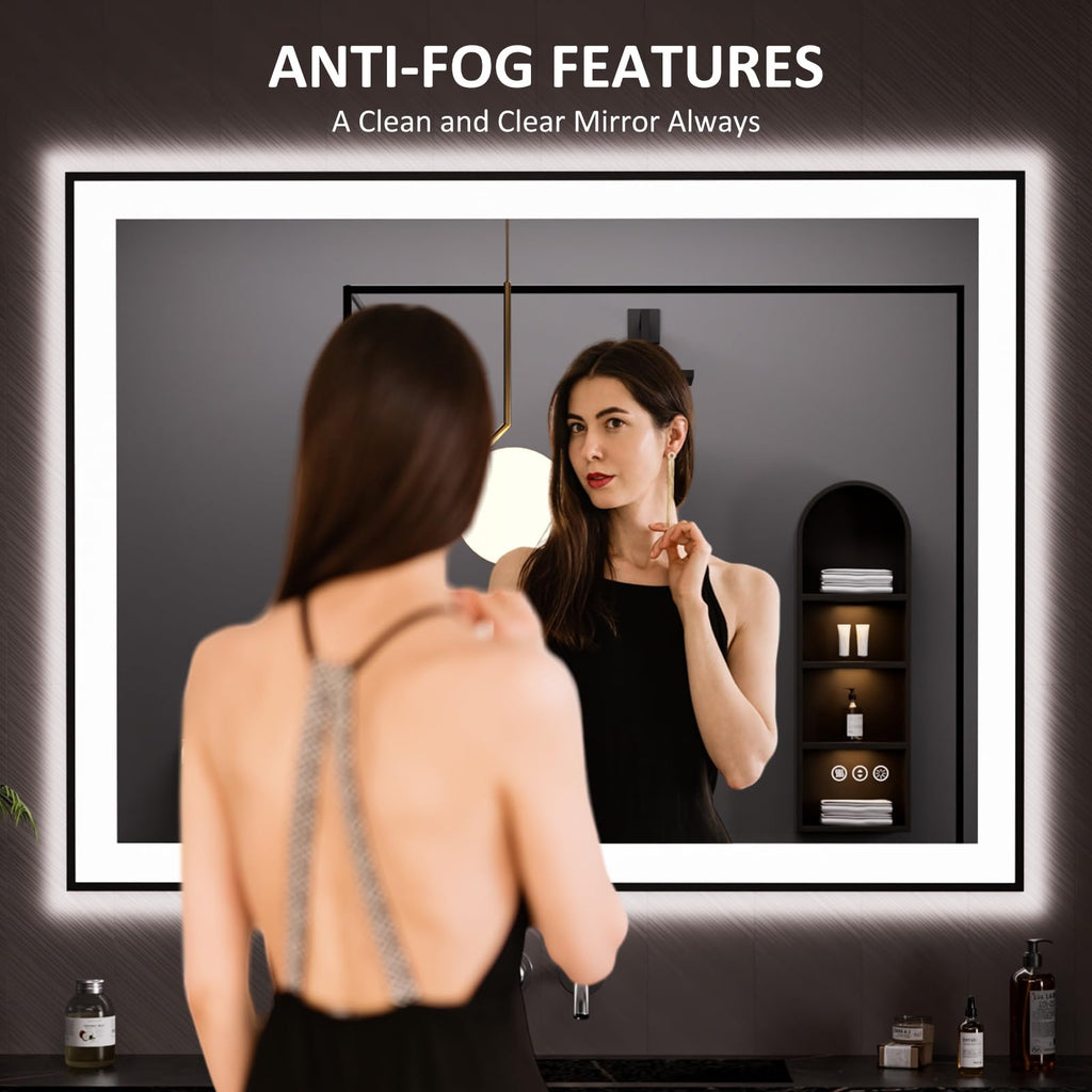 LOAAO 20"X28" LED Bathroom Mirror Black Framed | Anti-Fog, Dimmable, Memory Function, Tempered Glass, Lighted Vanity Mirror for Wall