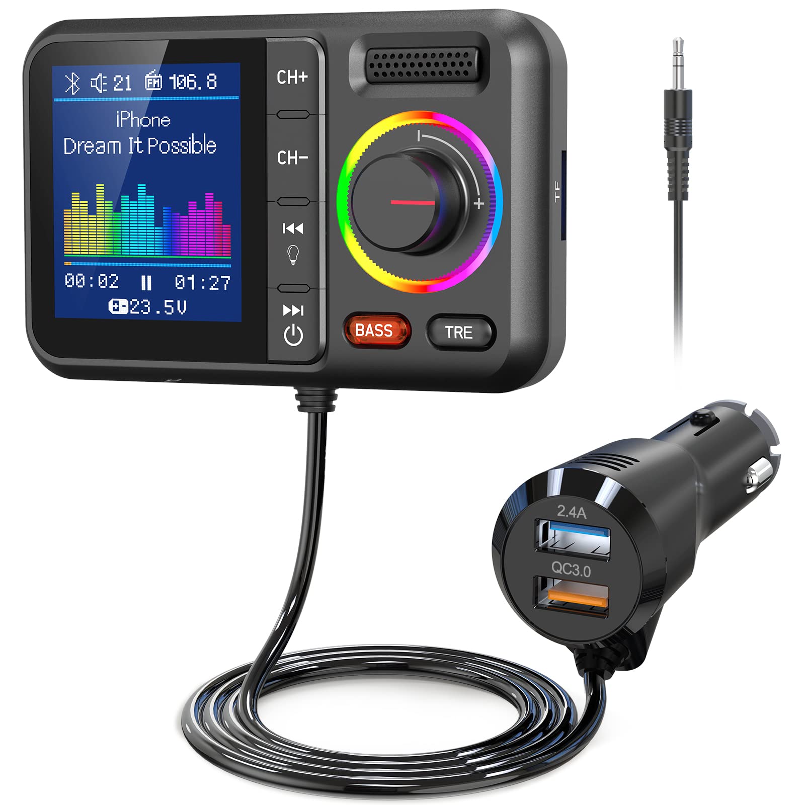 Nulaxy Bluetooth FM Transmitter for Car, Wireless Car Bluetooth V5.0 Adapter with Big Color Screen, Support QC3.0 Fast Charging, Hands-Free Call, MP3 Music Player BASS&TRE Booster, TF Card AUX-KM28
