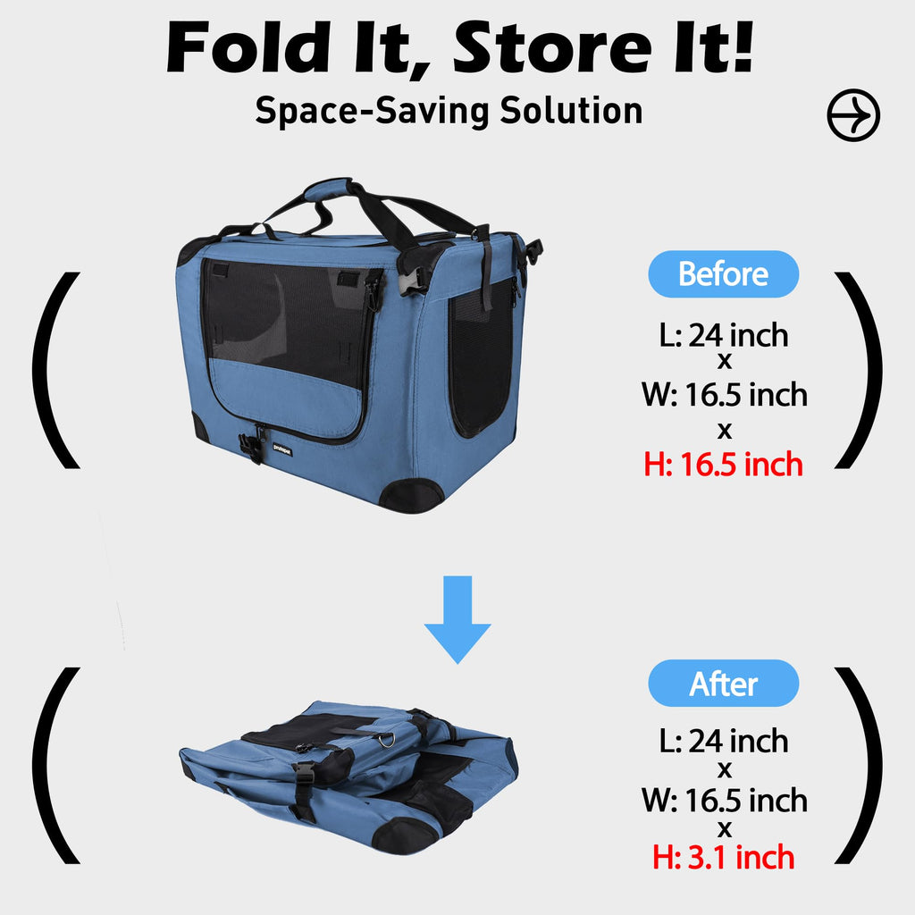 Prutapet Large Cat Carrier 24"x16.5"x16.5" Portable Dog Crate for Small Medium Dogs Collapsible Traveling Pet Crate with Collapsible Bowl