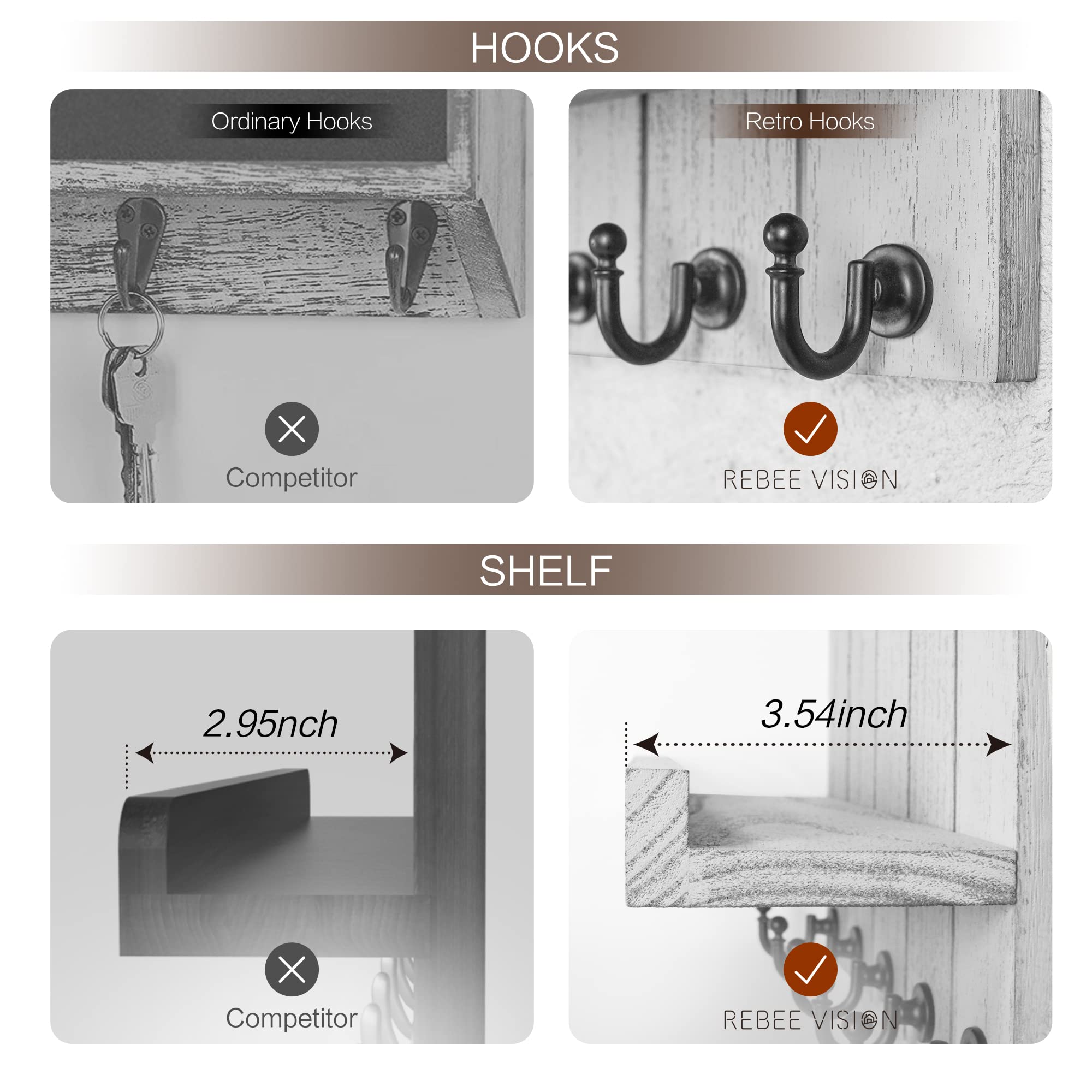 Rebee Vision Acacia Wood Key Holder Wall Mount – Farmhouse Key Holder for Wall & Mail Organizer with Shelf for Home Decor – Ideal for Apartment Essentials (Acacia Wood, 3.54" x 10" x 7.28")