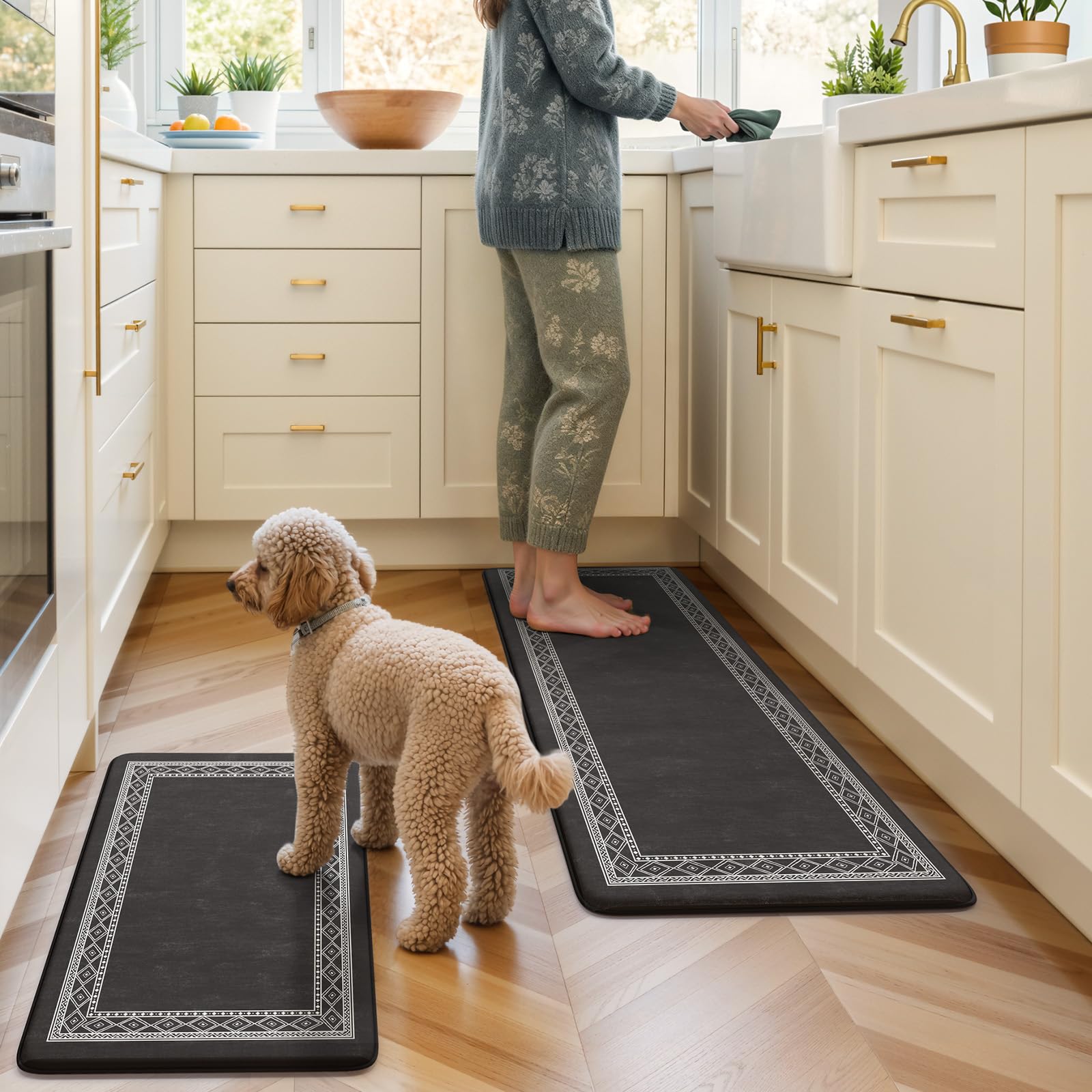 KIMODE Anti Fatigue Kitchen Mats 17"x47"+17"x29", Farmhouse Kitchen Rugs Sets of 2, Cushioned Non Skid Kitchen Mats for Floor, Comfort Kitchen Floor Mats for Sink Laundry Desk Black