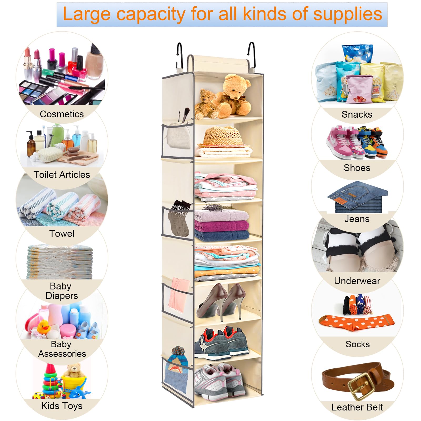 Large-Sized Hanging Shoe Organizer 8-Shelf, Hanging Closet Organizer with 8 Side Pockets, Wider Hanging Shelves for Storage Shoes Clothes 9" W × 11.8" D× 48" H, Beige.