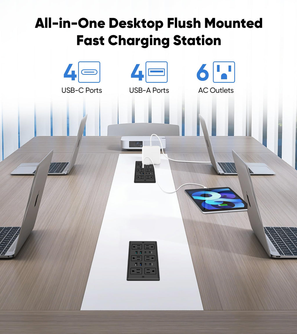 45W Recessed Power Strip, Flush Mounted Surge Protector(1200J) with 6 AC Outlets & 8 USB Ports(4 USB-C), 45°Flat Plug, 6FT Flat Power Cord(Black)