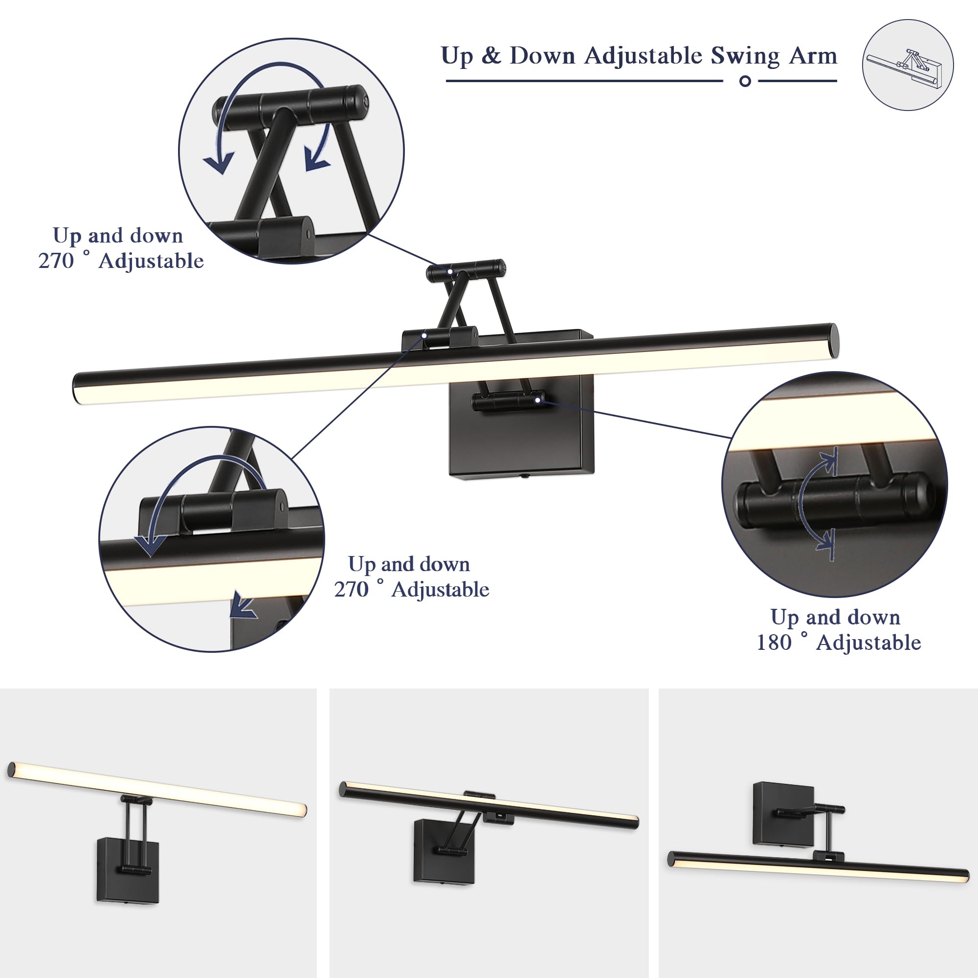Joossnwell LED Picture Lights for Paintings Dimmable 15.5 Inch Long Hard-Wired Picture Frame Lights Brass Gallery Wall Light with Adjustable Swing Arm Art Display Lamps 7W 3000K Warm White