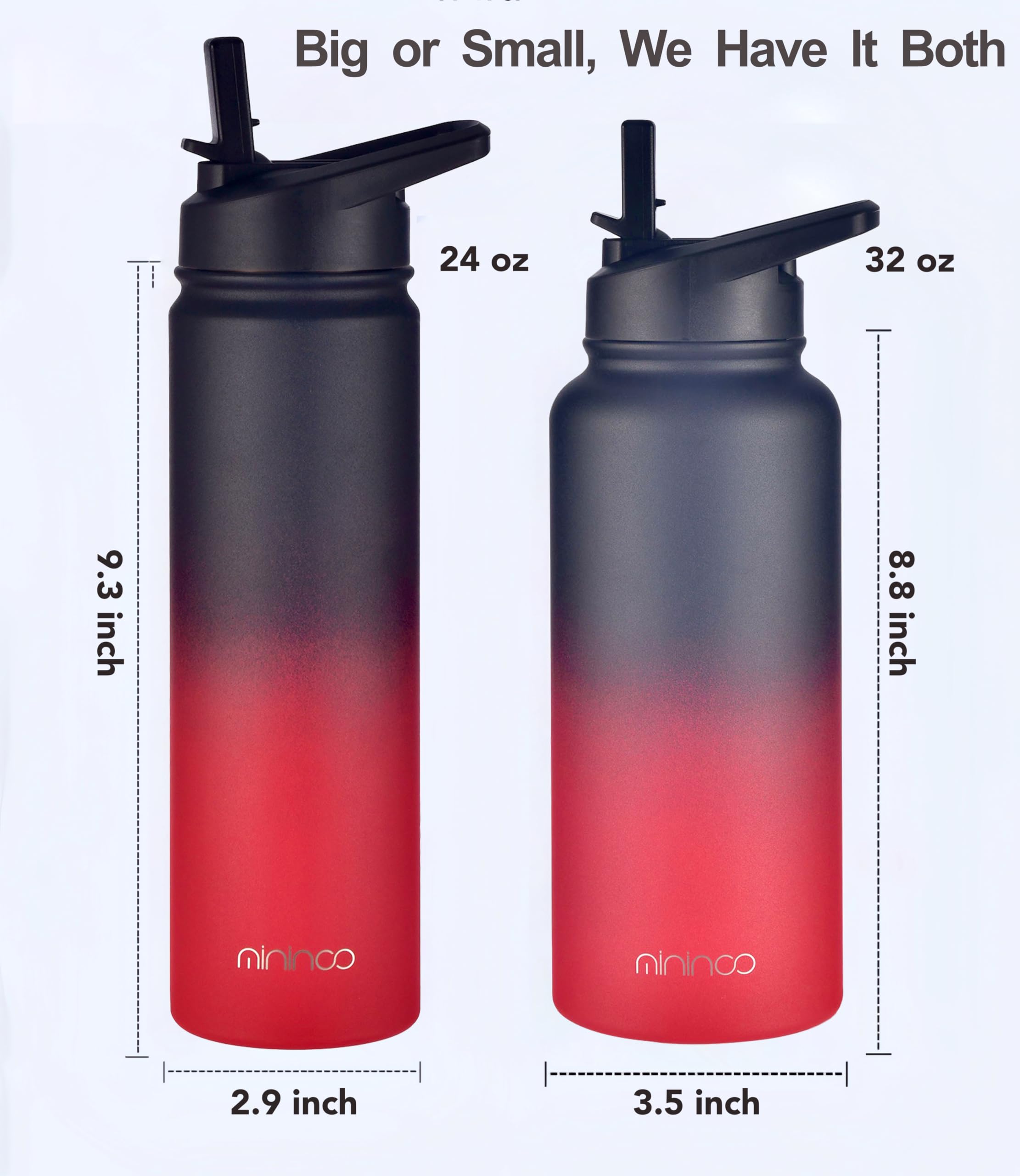 mininoo 24 oz Insulated Water Bottle with Straw Lid, Stainless Steel Double Wall Vacuum, Leak Proof, BPA Free, Keep Cold for 24H & Hot for 12H-2 pack(Black)