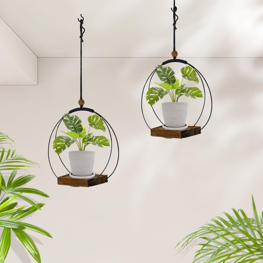 Hanging Planter for Indoor Plants, Black Plant Hanger Indoor with Sturdy Wood Base, Modern Boho Macrame Plant Hanger for 3-5.5 Inch Pot, Hanging Wall Ceiling Window Home Decor (Pots Not Included)