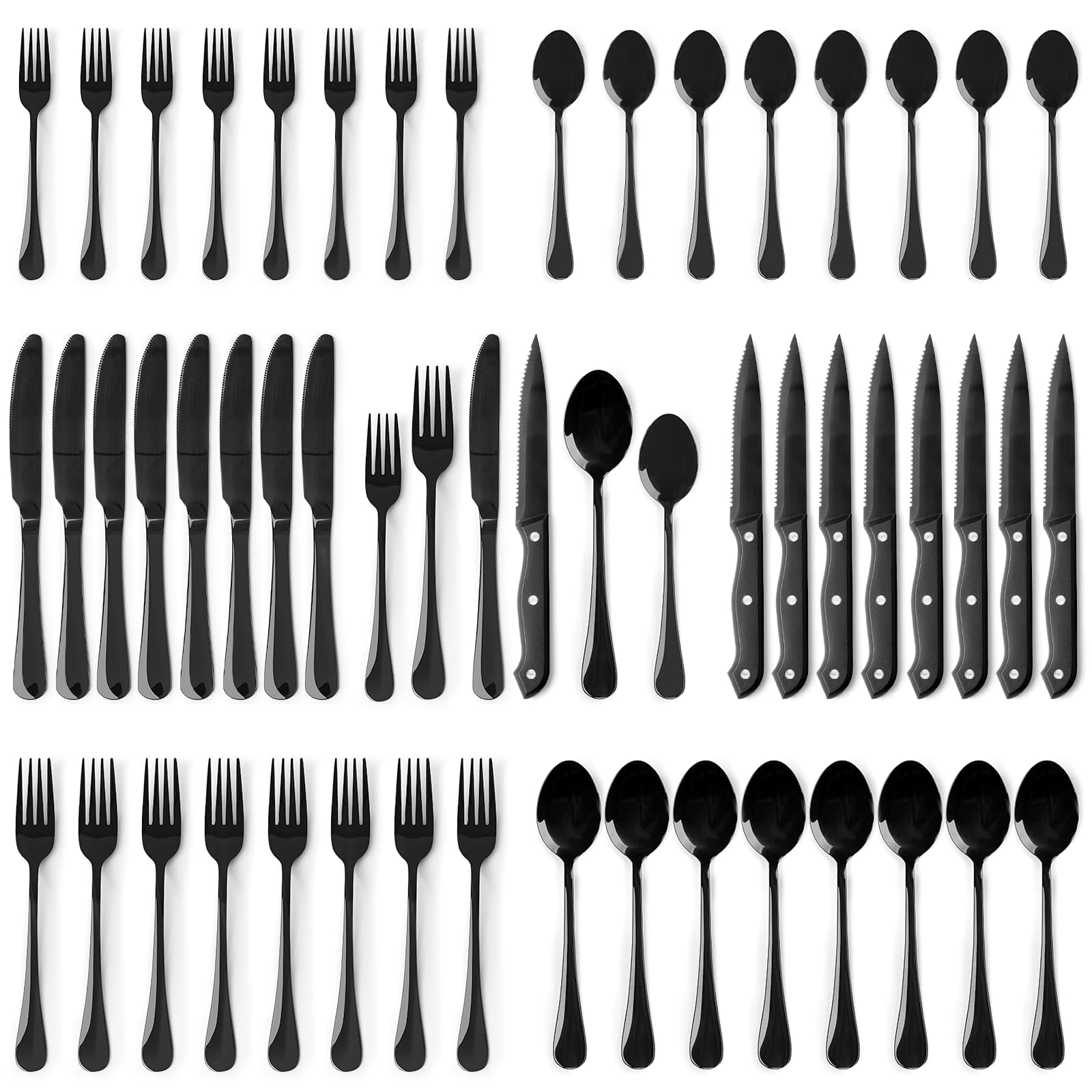 Astercook 24-Piece Black Silverware Set with Steak Knives Flatware Set for 4 Food-Grade Stainless Steel Cutlery Set Mirror Polished Utensils Set Include Spoons and Forks for Home Kitchen Restaurant