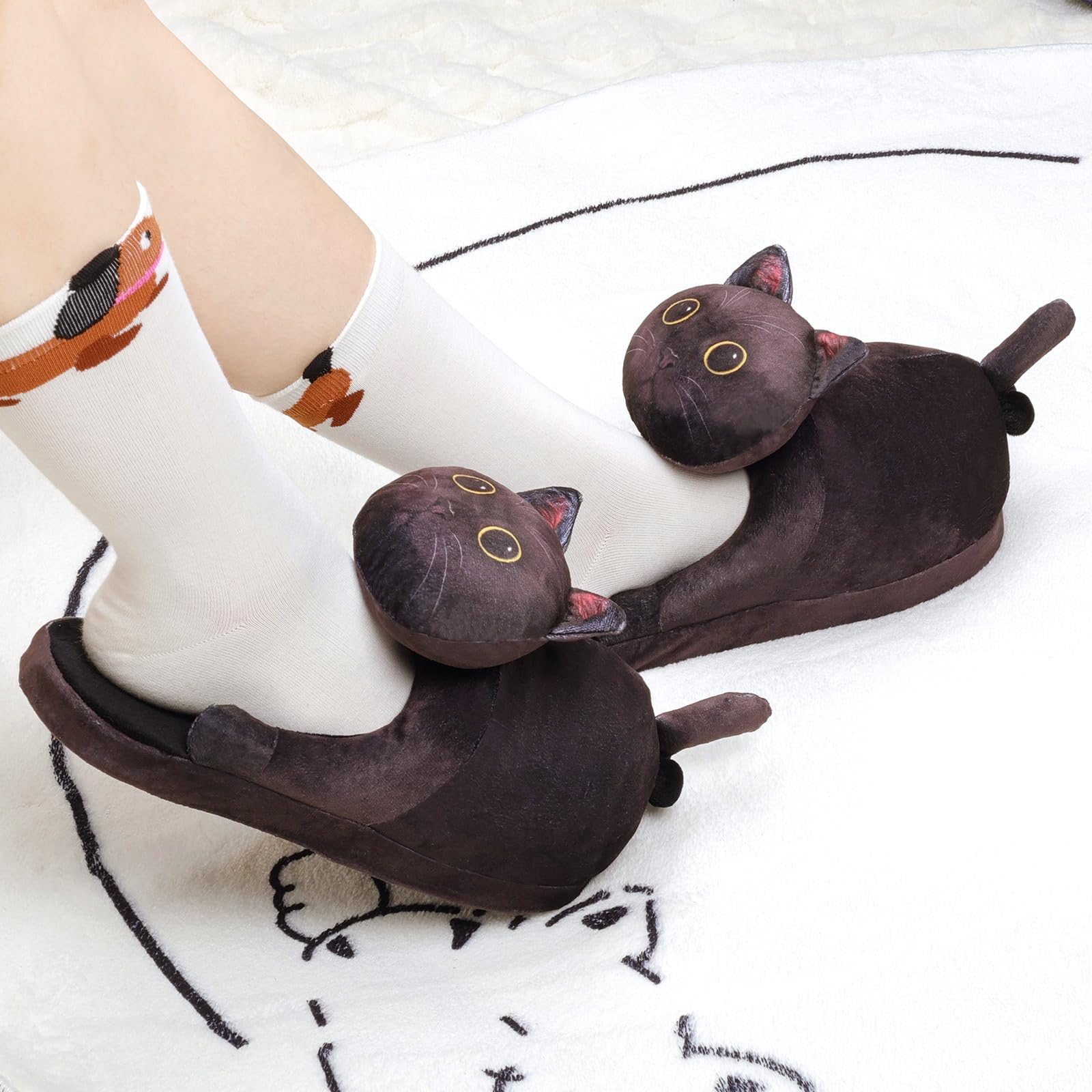 Funny Cat Slippers for Women,Fuzzy Animal Indoor House Shoes with Soft Memory Foam,Comfy Plush Warm Slip-on Slippers,Cat Gifts for Cat Lover