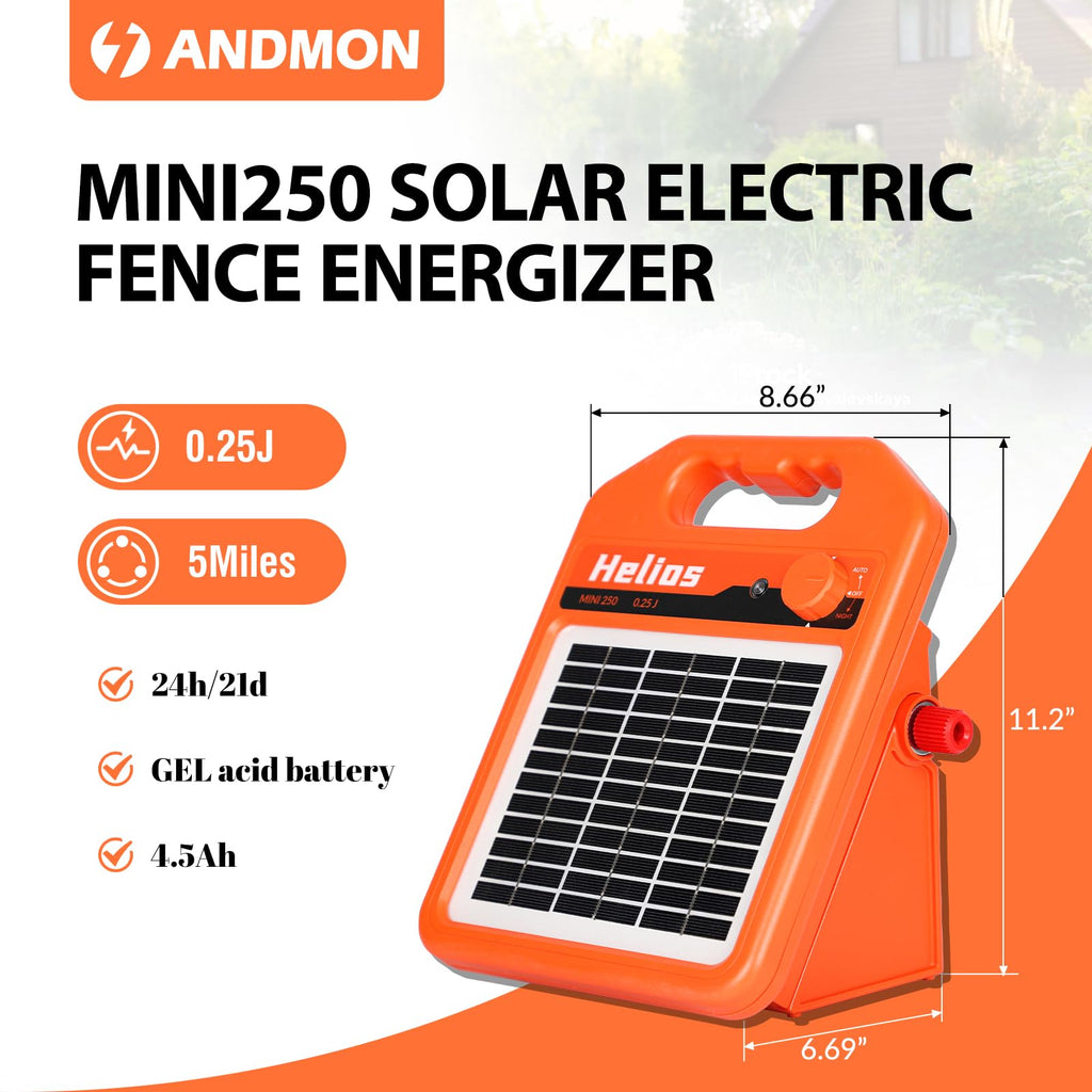 MINI160 2 Miles Solar Fence Charger, 0.16 Joule Solar Electric Fence Charger for Livestock, Pigs, Horses, Cattle Sheep, Solar Powered Electric Fence with Day or Night Mode, Easy Installation