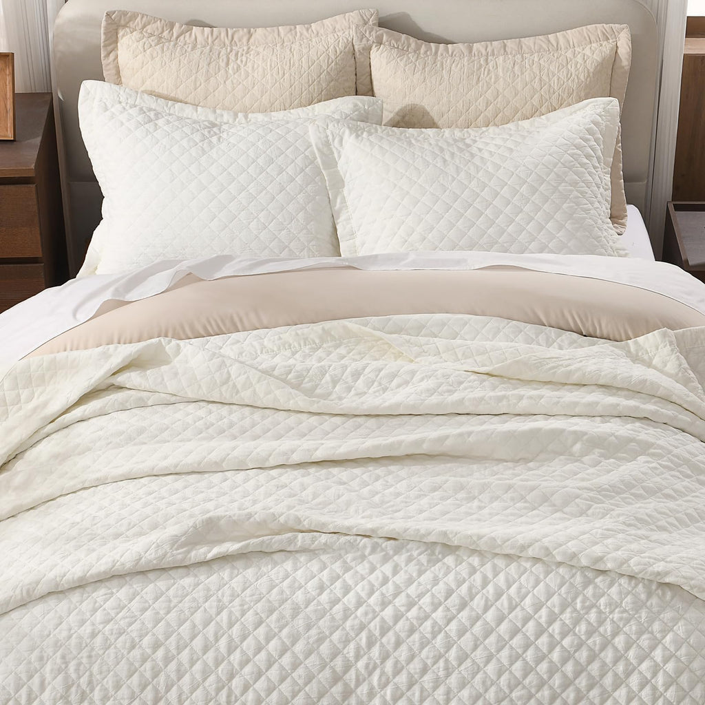 Grassix Linen Quilt Set Queen Size 3-Piece, 100% Linen Front & Cotton Back, Prewashed Diamond Stitch Bedspread with 2 Shams, Lightweight Breathable Quilt for Hot Sleepers, Modern Farmhouse Bedding