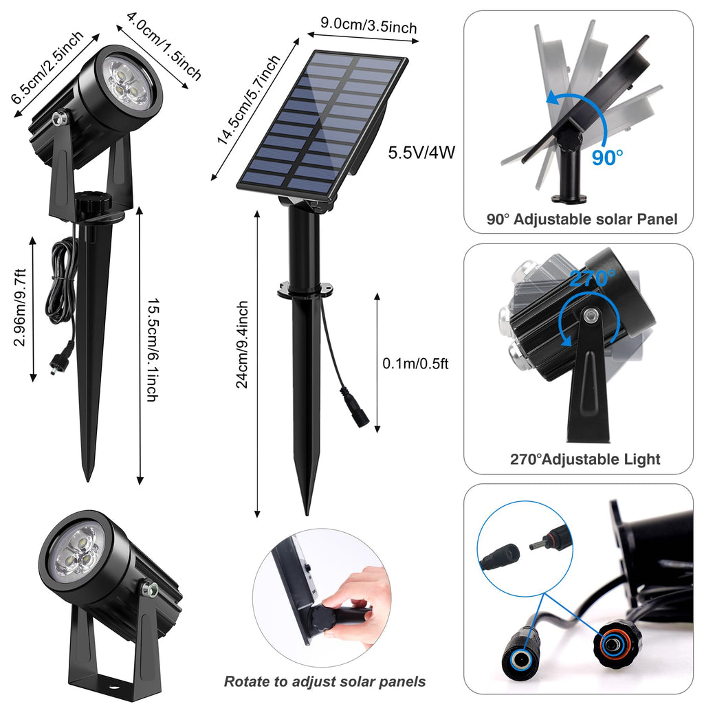 Solar Spot Lights Outdoor, Solar Landscape Spotlights IP65 Waterproof 9.8ft Cable,Auto On/Off Outdoor Wall Lights for Garden Yard Driveway Porch Walkway Pool (3000K Warm White)
