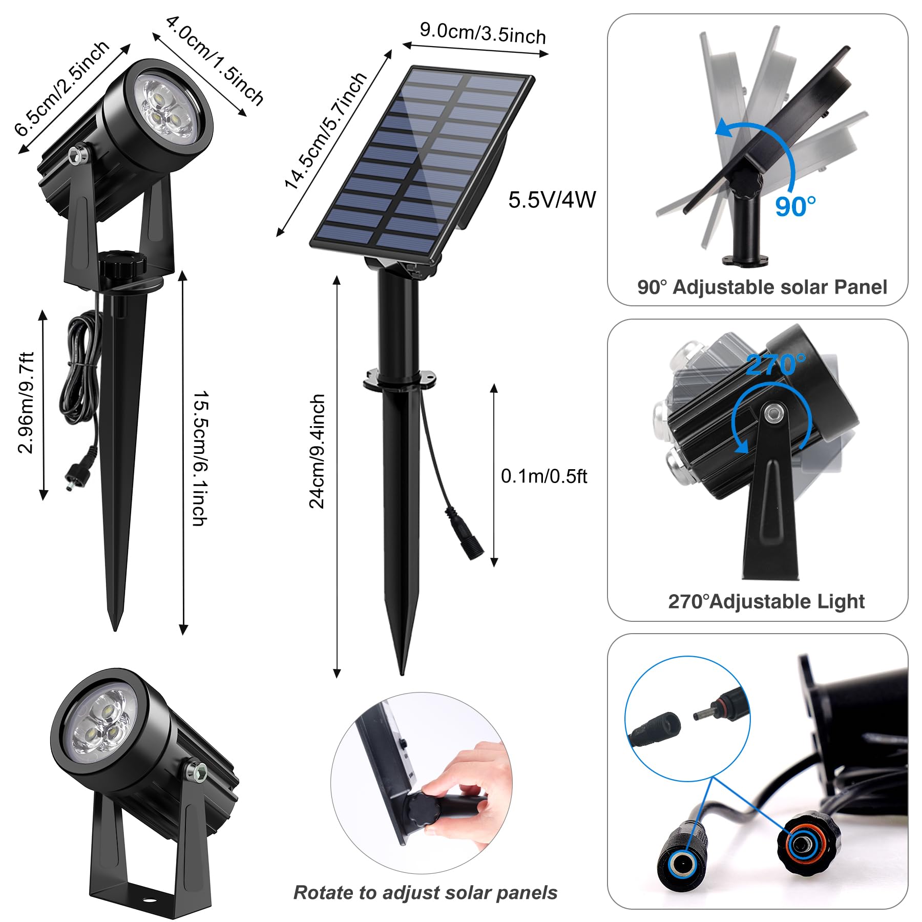 Solar Spot Lights Outdoor, Solar Landscape Spotlights IP65 Waterproof 9.8ft Cable,Auto On/Off Outdoor Wall Lights for Garden Yard Driveway Porch Walkway Pool (3000K Warm White)