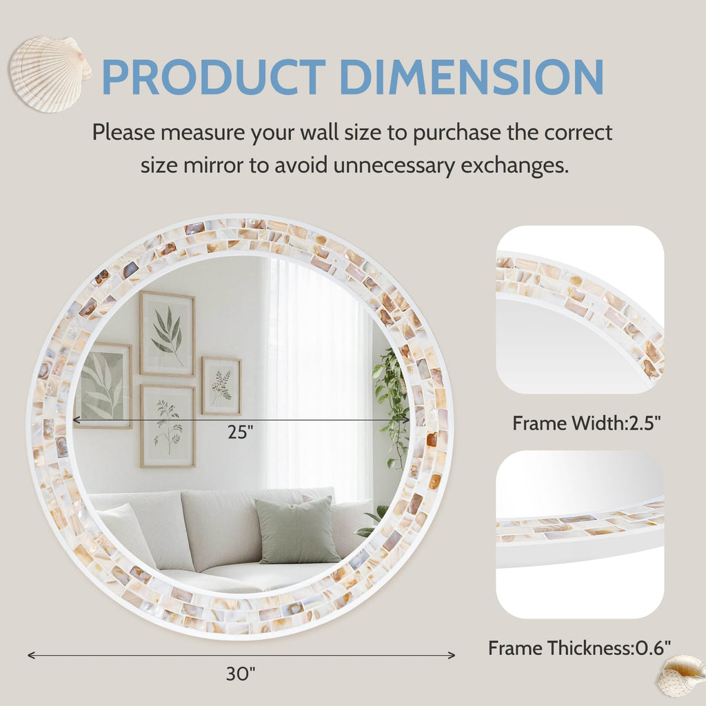 Tanmicoshomy Round Wall Mirror 24 Inch,Circle Mosaic Mirror with Natural Mother of Pearl and Wood Frame, Decorative Coastal Round Wall Mirror for Bathroom Bedroom Living Room Entryway