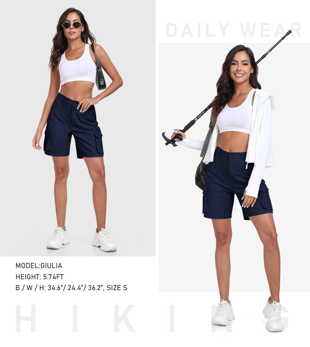 MoFiz Women's Cargo Shorts Bermuda Shorts Button Pockets Elastic Waist Knee Length Long Hiking Casual Shorts for Summer