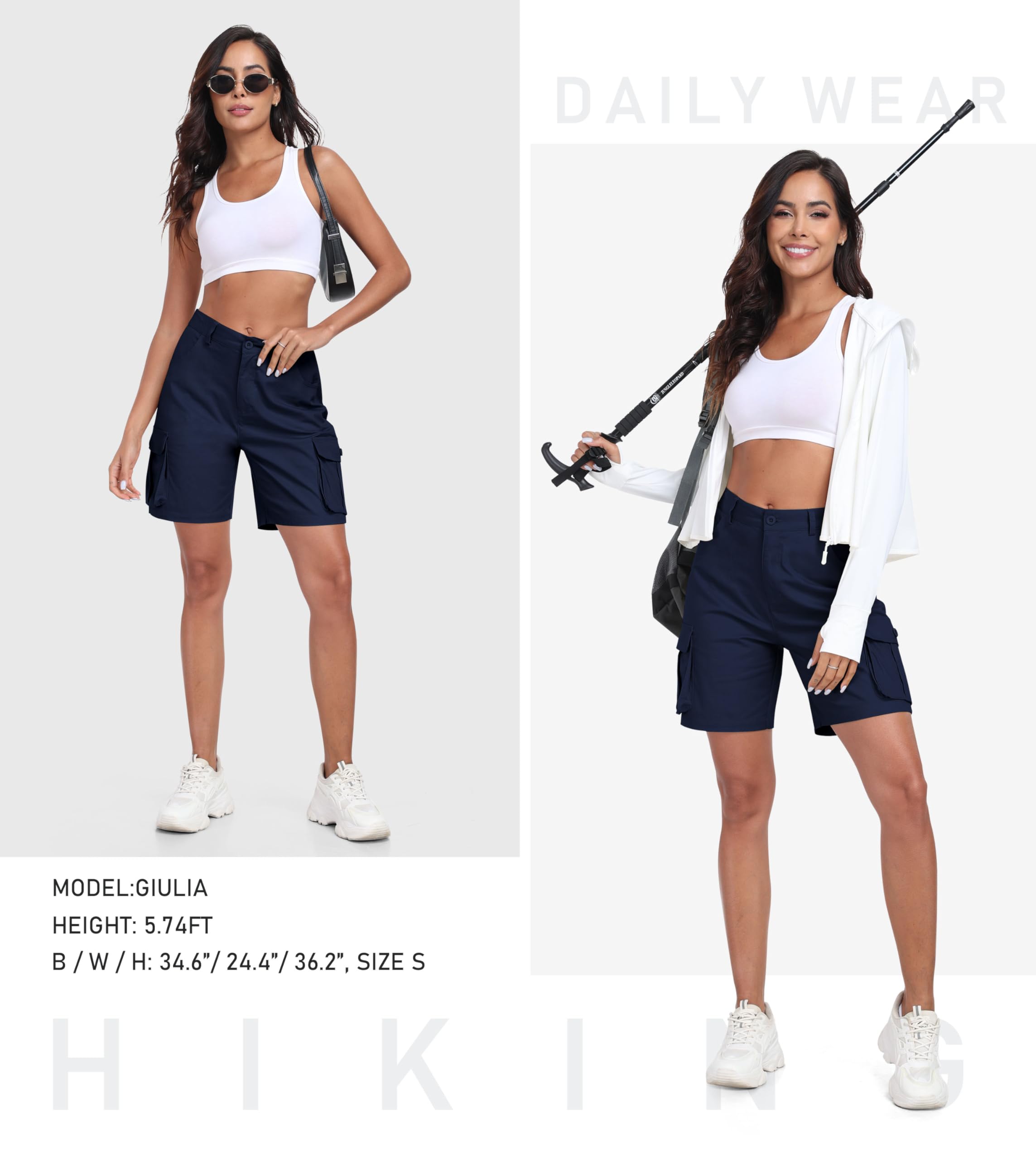 MoFiz Women's Cargo Shorts Bermuda Shorts Button Pockets Elastic Waist Knee Length Long Hiking Casual Shorts for Summer