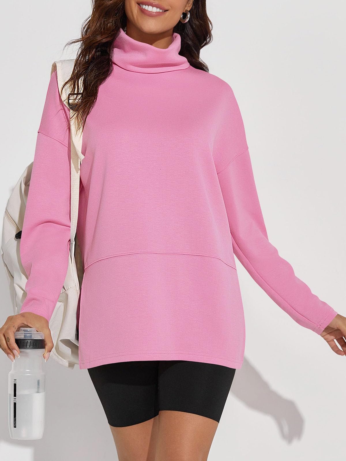 Fisoew Women's Turtleneck Oversized Sweatshirt Casual Long Sleeve Loose Side Slit Pullovers Tunic Tops