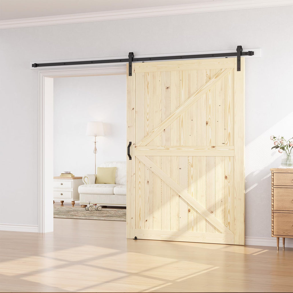 SmartStandard 24in x 80in Sliding Barn Wood Door Pre-Drilled Ready to Assemble, DIY Unfinished Solid Spruce Wood Panelled Slab, Interior Single Door Only, Natural, K-Frame (Fit 4FT Rail)