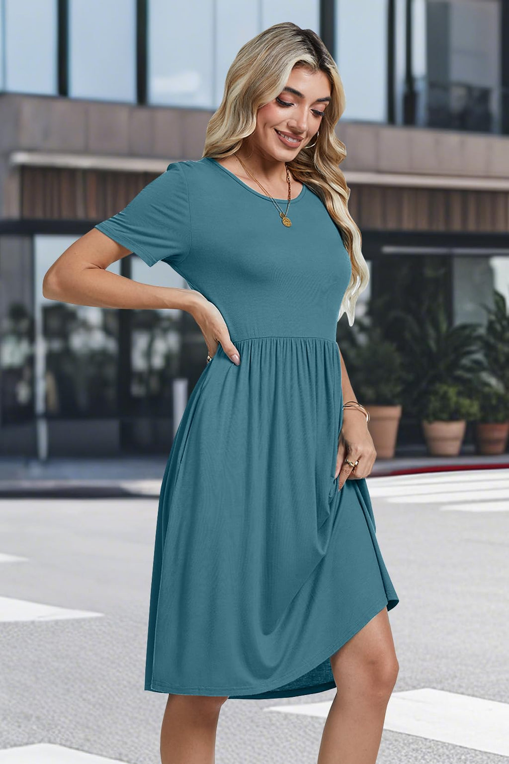 Womens Short Sleeve Empire Waist Dresses Casual Summer Dress with Pockets