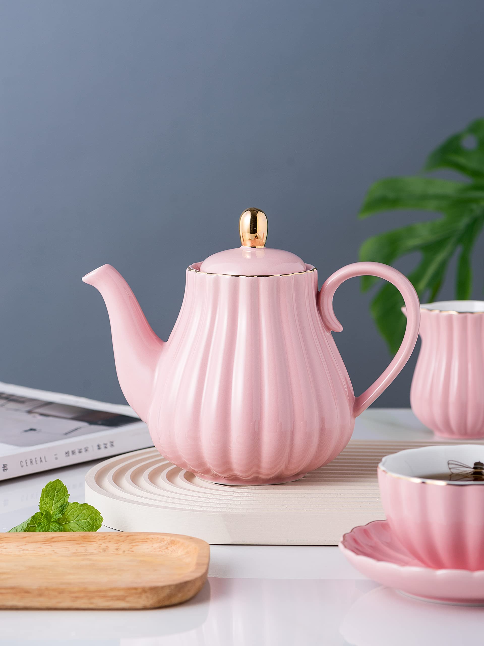 Jusalpha Serve for 6- Fine China Pink Coffee Cup/Teacup Set, 8 OZ Cups& Saucer, with Teapot-Sugar Bowl-Cream Pitcher Teaspoons and tea strainer for Tea/Coffee (Lavender, Serve of 6)