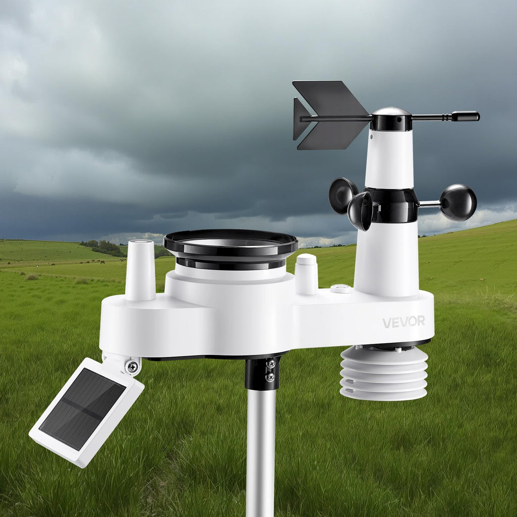 VEVOR 5-in-1 Wireless Weather Station, 7.5-Inch VA Display, Solar Powered Outdoor Sensor, Rain Gauge, Indoor Outdoor for Weather Forecast, Temperature, Humidity, Wind Speed and Direction (No WiFi)
