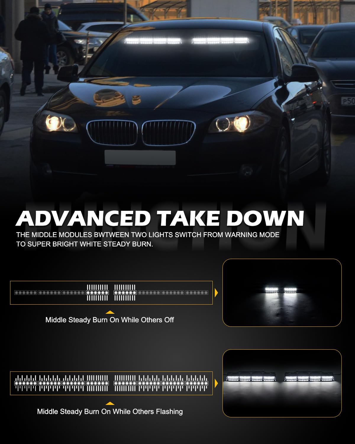 HLauto 604N Emergency Dash Strobe Lights: 2x16.8 inch Amber White Security Light w/Take Down, 48 LED Safety Flashing Warning Hazard Interior Windshield Light Bar for Truck Vehicle