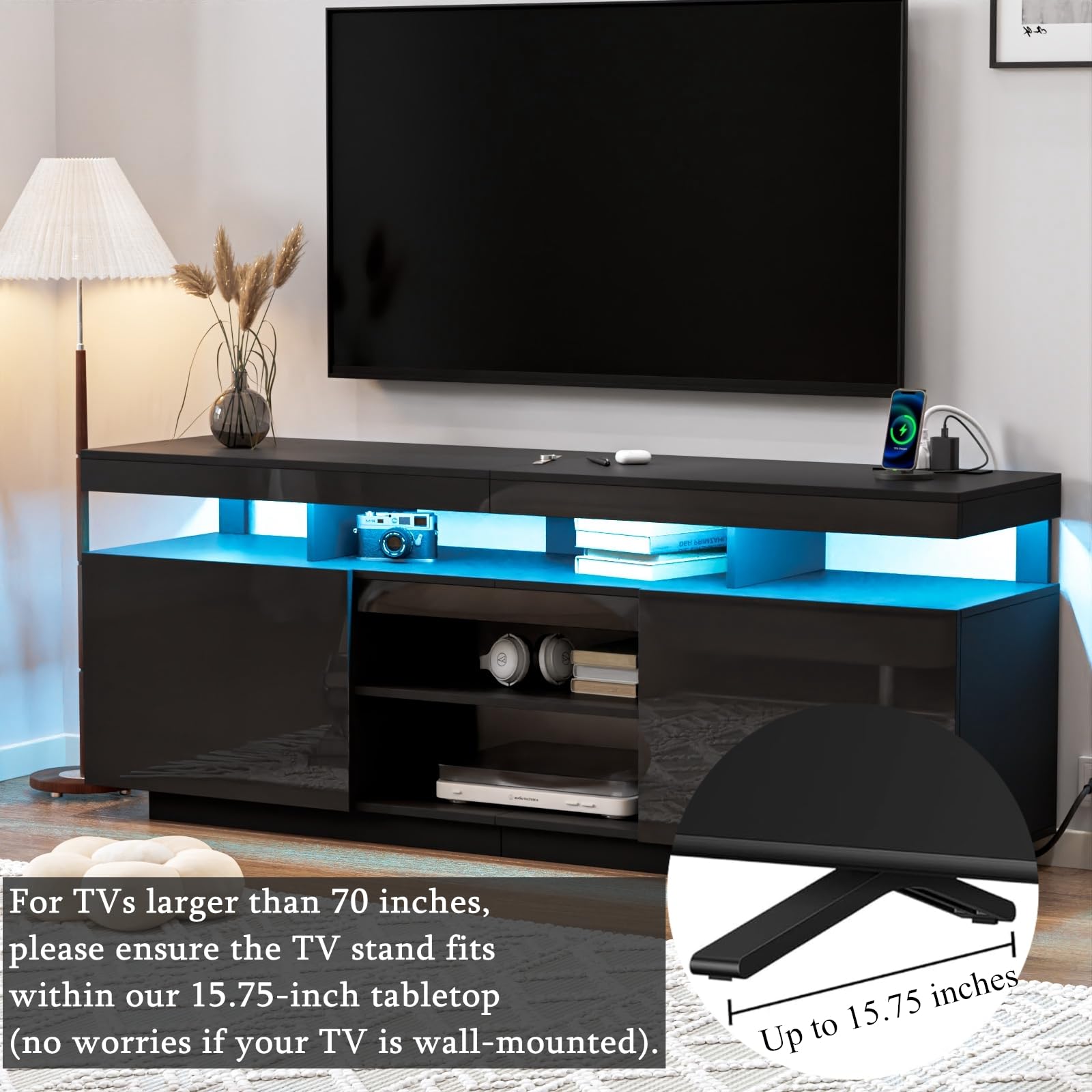 HOMMPA Modern LED TV Stand for 55 Inch TV, Black Tall TV Console with Power Outlet, Entertainment Center with Storage, High Gloss Gaming Media Console Cabinet for Living Room (47 Inch)