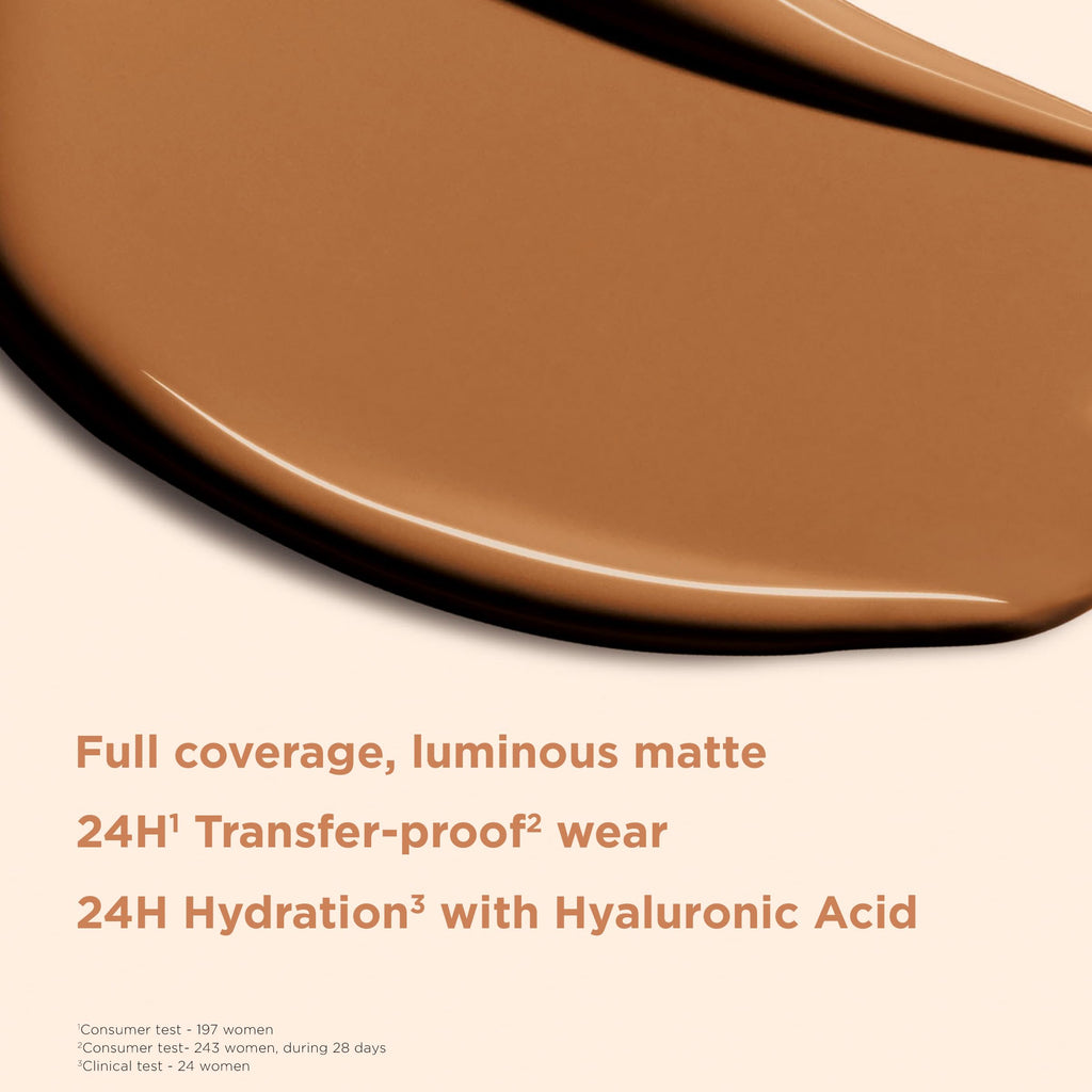 Clarins Skin Illusion Longwear Full Coverage Foundation|Luminous Matte Finish|24H Hold and 24H Hydration|Natural Looking|Transfer, Sweat and Smudge Proof| Contains Hyaluronic Acid|1 Fl Oz