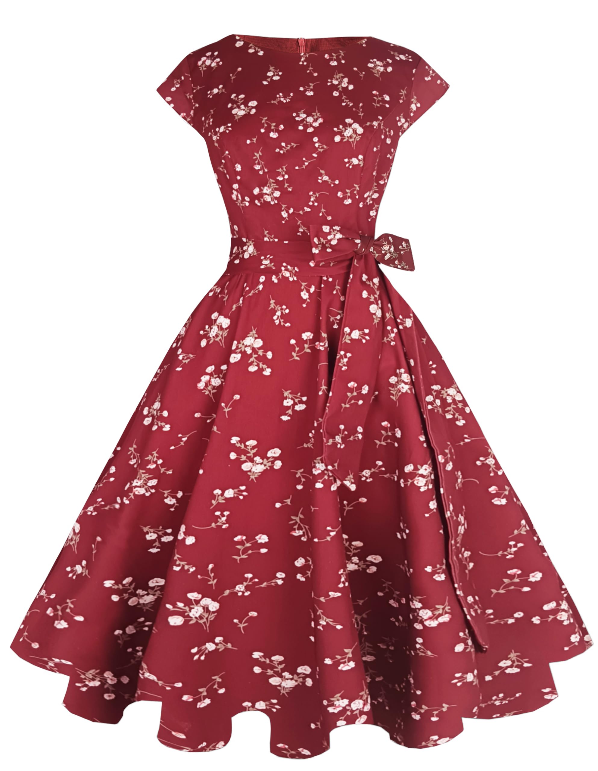 PUKAVT Women's 1950 Boatneck Cap Sleeve Vintage Swing Cocktail Party Dress with Pockets
