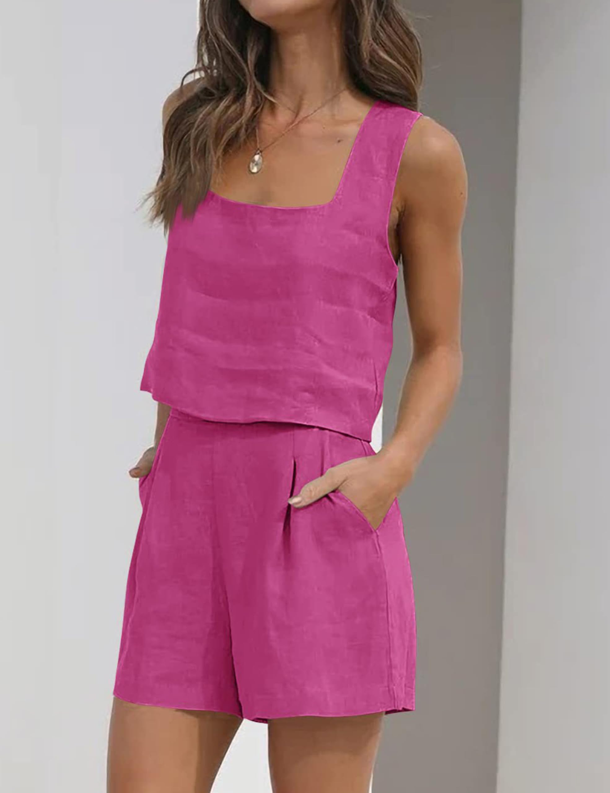 Womens Linen 2 Piece Outfits Lounge Sets sleeveless Tank Tops and High Waist Shorts Summer Vacation Set