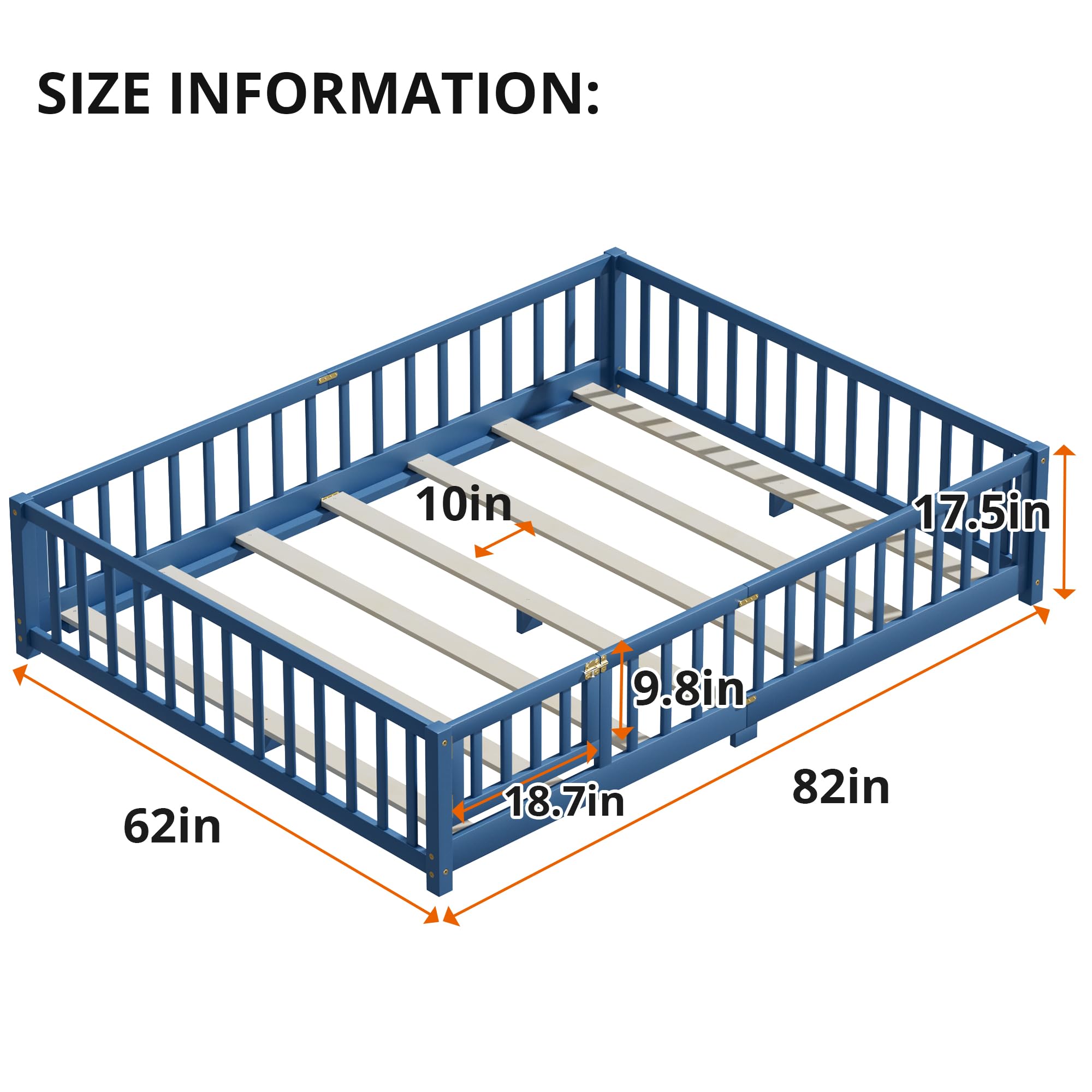 i-POOK Queen Floor Bed for Children, Sturdy Wood Montessori Bed Frame with Wood Slats, High Fence & Small Door for Girls and Boys, Espresso (with Bed Slats)