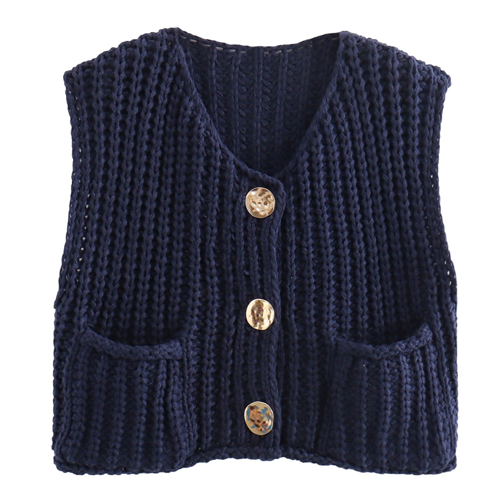 KEOMUD Women's Sleeveless Cropped Knit Cardigan Casual Button Down Crochet Sweater Vest Tops with Pockets