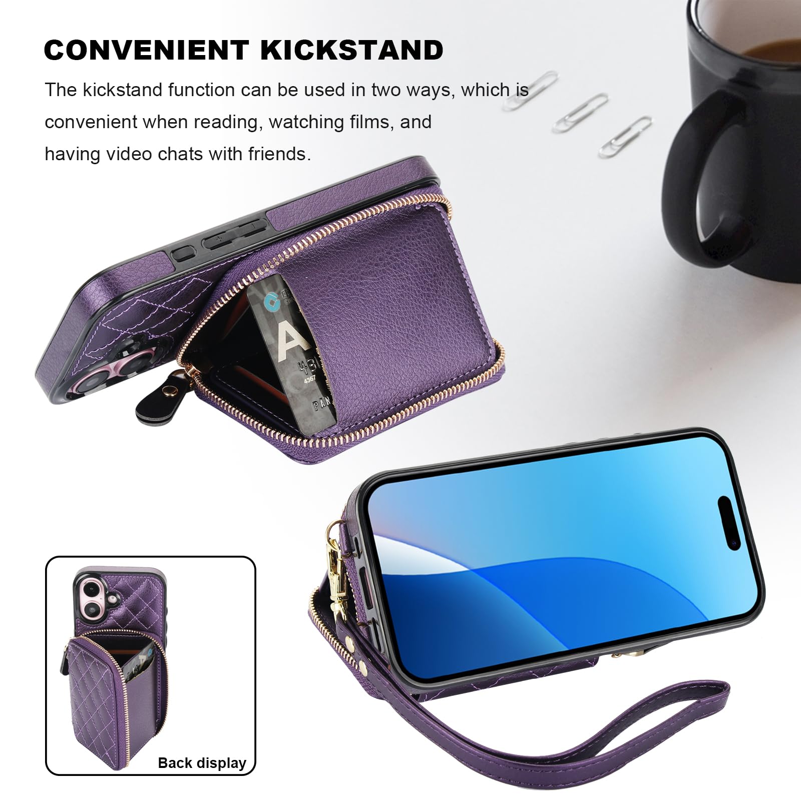 Bocasal Crossbody Wallet Case for iPhone 16, RFID Blocking PU Leather Zipper Handbag Purse Flip Cover, Kickstand Folio Case with Card Slots Holder Wrist Strap Lanyard 5G 6.1 Inch (Black)