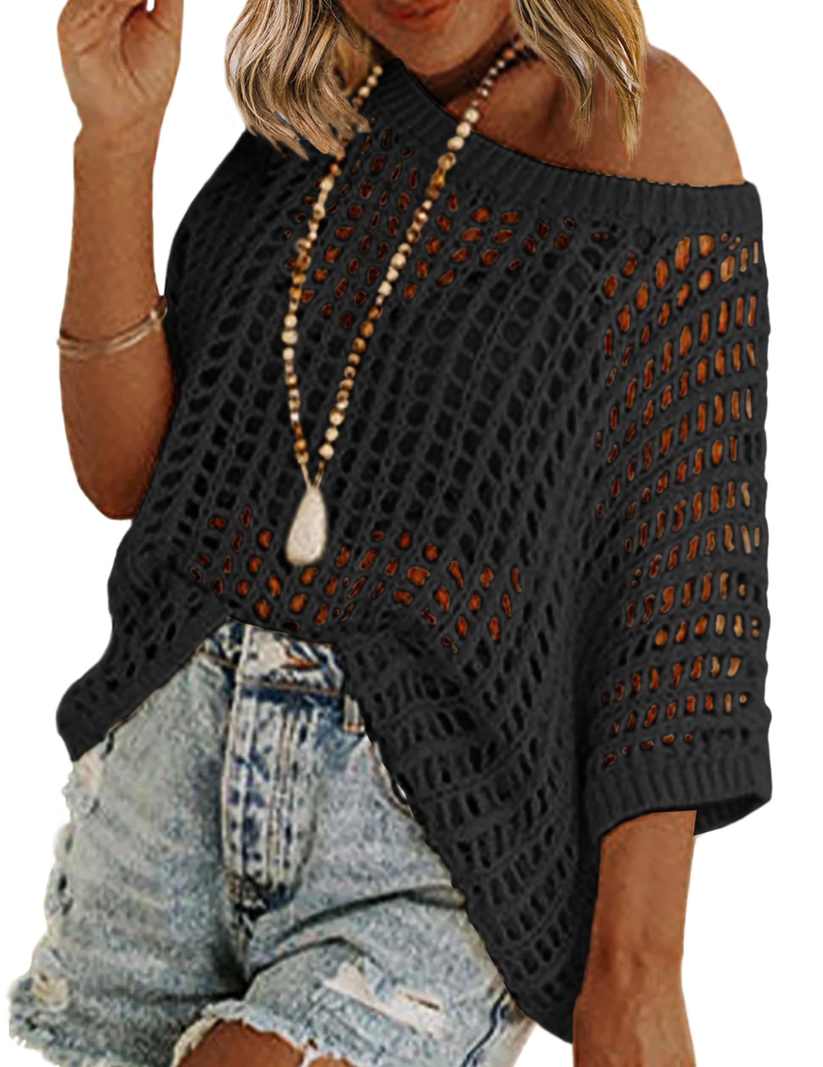 Zeagoo Short Sleeve Crochet Sweater Lightweight Summer Tops Loose Hollow Out Crewneck Pullover
