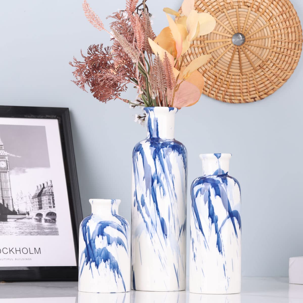 Ceramic Vase Set - 3 Ceramic Small Vases, Farmhouse Country Flower Vase Home Decor, Living Room Decoration, Table Decoration, Fireplace Decor, and Entrance Decorations Centerpieces
