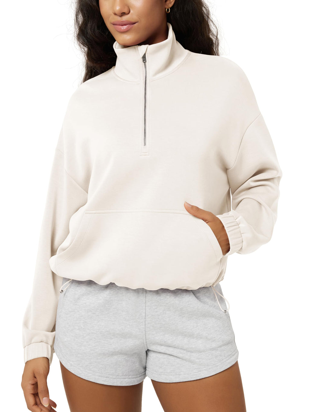 ODODOS Women's Modal Soft Cinchable Sweatshirts Half Zipper Funnel Neck Oversize Pullover with Pockets
