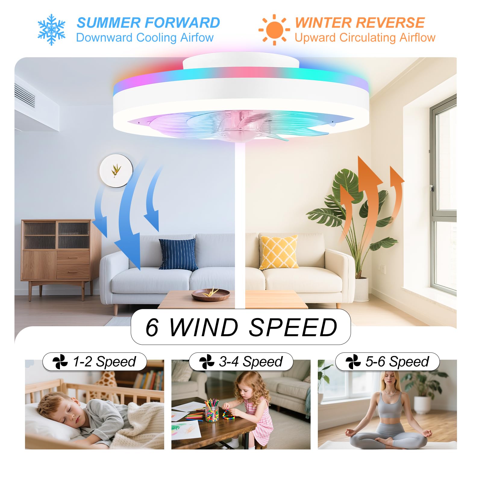 16 Inch RGB Low Profile Ceiling Fans with Lights, Modern Flush Mount Fandelier Chandelier Fixture, Remote & APP Control, Black LED Ceiling Fan Light for Bedroom, Living Room, Kitchen Indoor