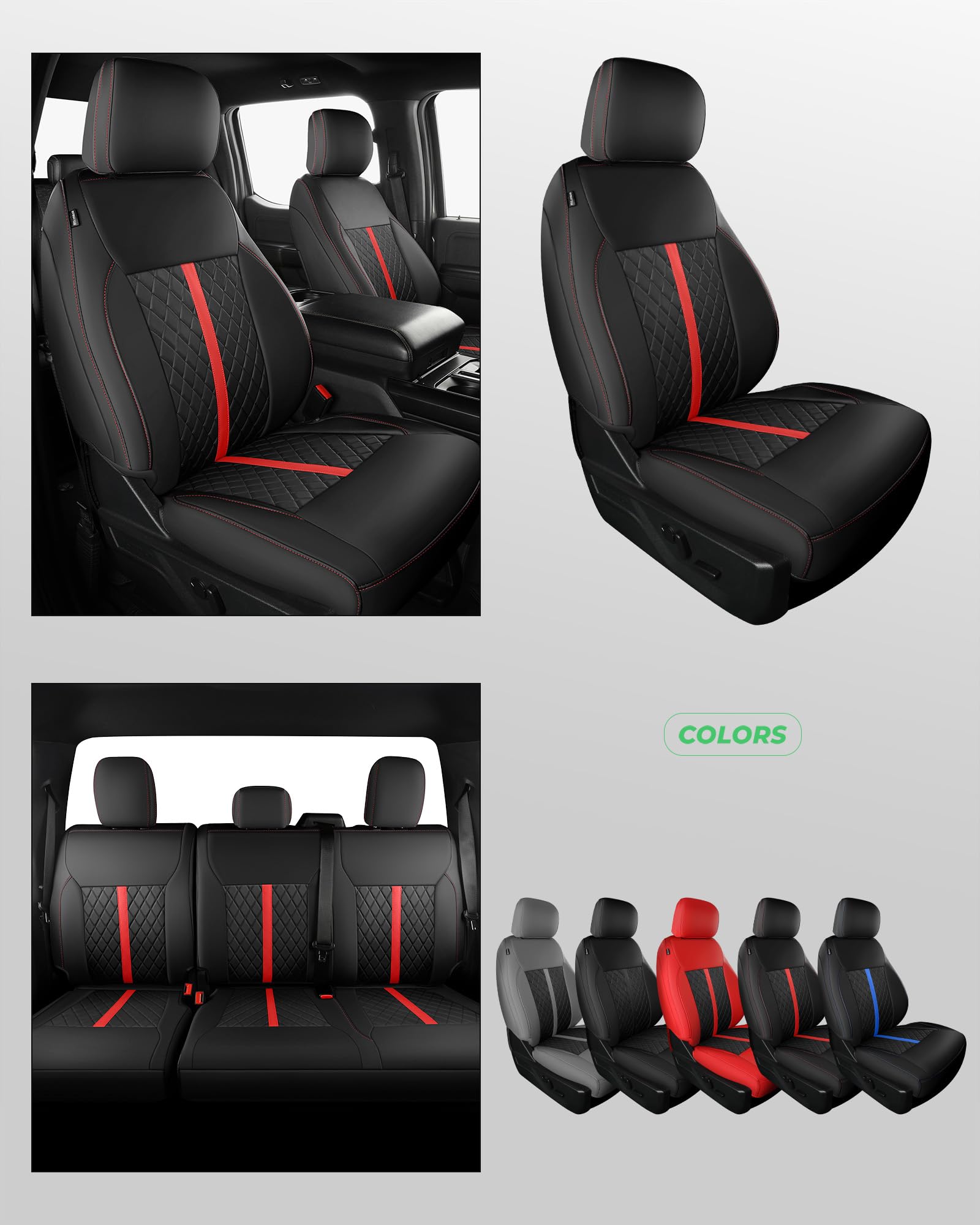 for Ford F150 Leather Seat Covers, Super Crew Cab XL XLT 2015-2020, F250 F350 F450 Super Duty Crew Cab 2017-2022,Custom Truck Seat Cover Full Set, Pickup Accessories, Black (Bucket Seat)