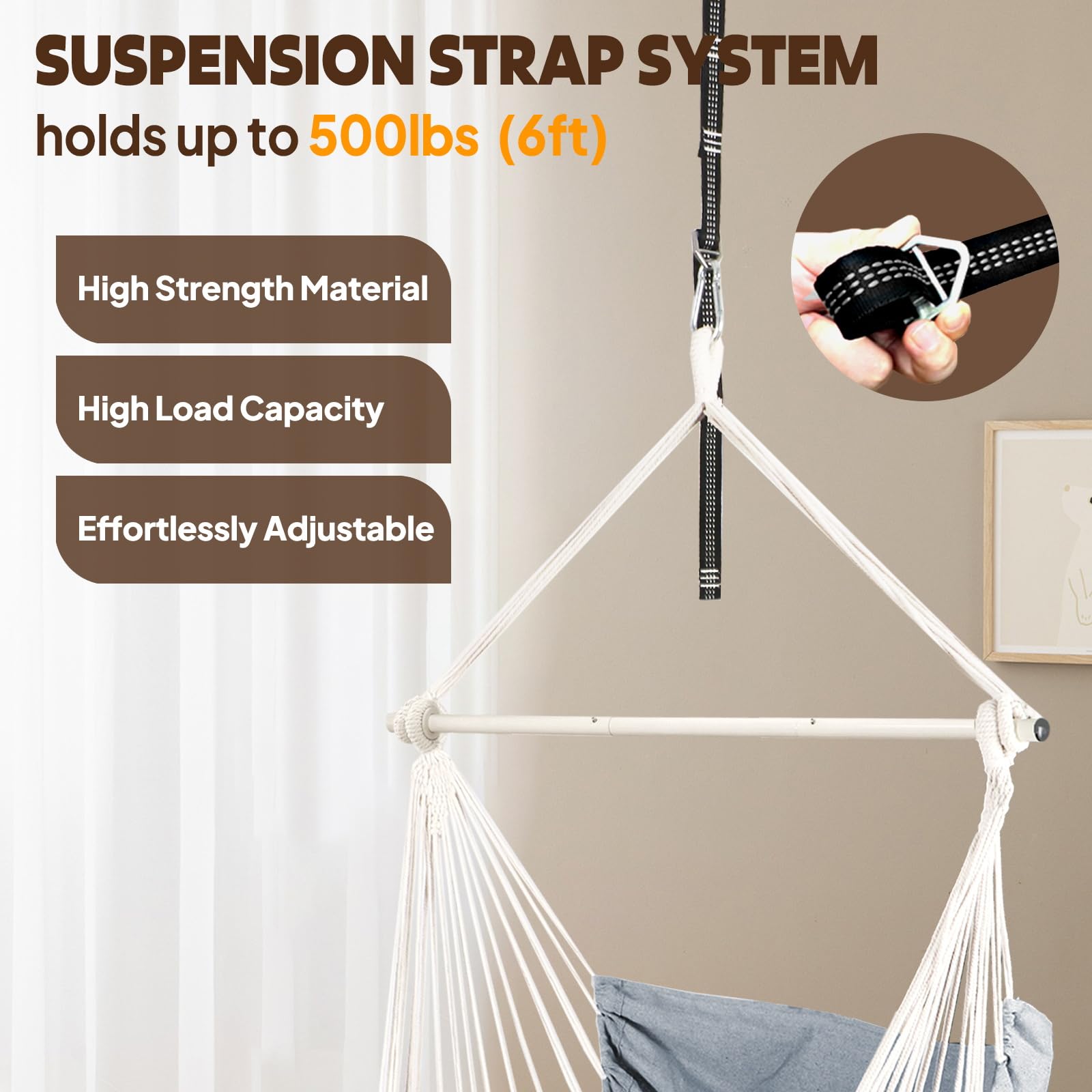 Chihee Hammock Chair Hanging Swing Max 500 Lbs 2 Cushions Included Metal Spreader Bar with Anti-Slip Grooves Portable Hanging Chair Side Pocket Large Macrame Bohemian Chair Indoor Outdoor | Hanging Swing with Anti-Slip Grooves Portable Hanging Chair Side