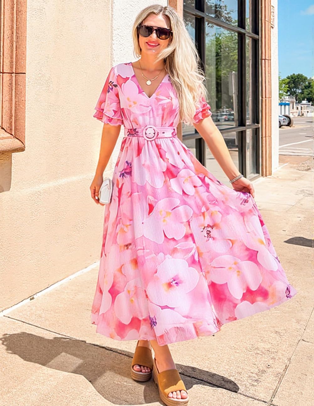 ZESICA Women's 2026 Summer Floral V Neck Midi Dress Boho Short Sleeve High Waist Flowy Beach Vacation Dresses with Belt