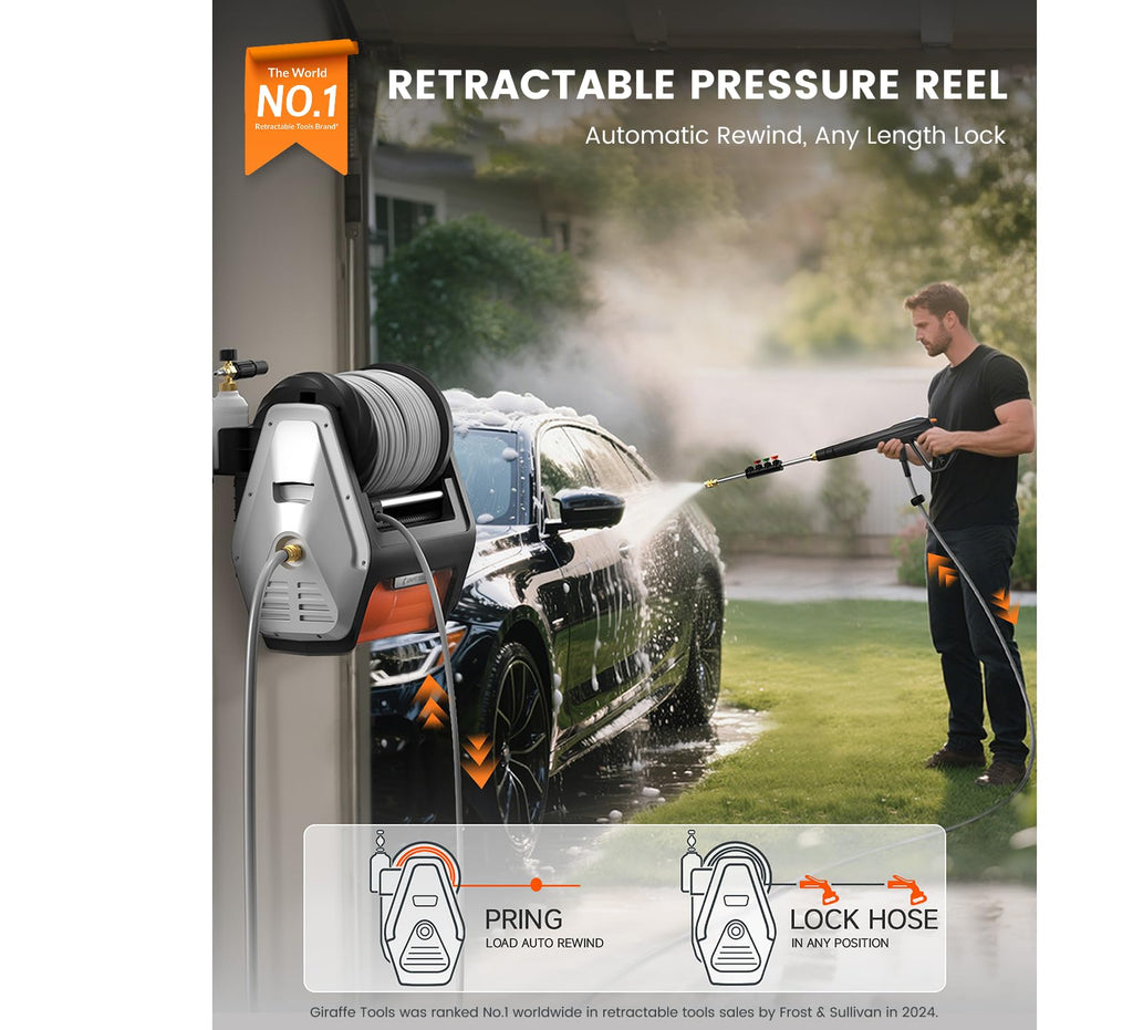 Giraffe Tools Grandfalls Retractable Wall Mounted Pressure Washer Pro, 3700 PSI, 1.6 GPM Electric Power Washer, Automatic Rewind, 100ft Pressure Hoses, 5 Nozzles for Cars/Fences/Patios, Dark Silver